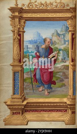 Saint Paul; Getty Epistles, ca. 1528-1530. Zusätzliche Informationen: Der Apostel Paulus liest ein offenes Buch vor einer großzügigen Umgebung mit gewundenen Hügeln, die mit architektonischen Strukturen gesäumt sind. Voluminöse Vorhänge können seinen ziemlich starken und muskulösen Körper nicht verbergen. Ein aufwendiger architektonischer Rahmen, der an die Rahmen zeitgenössischer italienischer Altaraufsätze erinnert, unterstreicht die majestätische Präsenz des heiligen. Dieses kleine Gemälde in einem Buch erreicht eine Monumentalität, die normalerweise mit größeren unabhängigen Gemälden verbunden ist, die an einer Wand hängen. Aus der Kunst der italienischen Renaissance, insbesondere der von Michelangelo Stockfoto