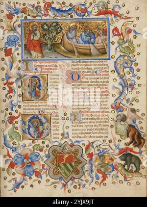 Die Berufung der Heiligen Peter und Andreas; Initial D: St. Andreas; Initial Q: St. Peter, zwischen 1389 und 1400. Als der Heilige Andreas und der Heilige Peter ihre Netze in das Galiläische Meer werfen, steht Jesus am Ufer und ruft sie auf, ihm zu folgen und Menschenfischer zu werden. Die beiden Apostel wenden sich Jesus mit Ehrfurcht zu. Obwohl das Boot weiter zur Küste gleitet, hat Peter bereits sein Ruder fallen gelassen und seine Hände im Gebet gefaltet. Andrew, der hinter ihm steht, hält immer noch sein Netz, aber seine Augen sind auf Jesus gerichtet. Unter der Miniatur erscheint Andrew im ersten D Stockfoto