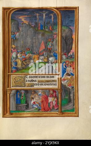 Die Kreuzigung; Spinola Stunden, ca. 1510-1520. Zusätzliche Informationen: Die Erzählung der Kreuzigung entfaltet sich in einer dramatischen Landschaft, wobei das Hauptbild einen Blick auf den Hügel bietet, der als Kulisse für die Kreuzigung dient. Eine Prozession von Soldaten und römischen Beamten, die den Hügel verlassen, füllt einen großen Teil der Seite und geht weiter zur Grenze, wo die Stadt Jerusalem in der Ferne ganz rechts zu sehen ist. Die folgende Szene des Klagens erscheint rechts, gefolgt von dem Entombment, das im Raum unter dem Textfeld eingeschlossen ist. Stockfoto