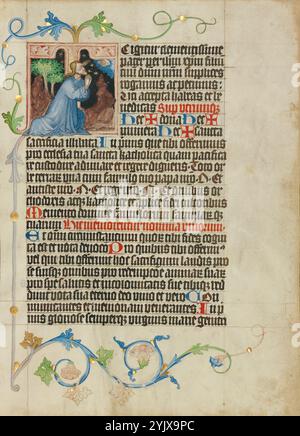 Initial T: The Quony in the Garden; Collegium Ducale, um 1420–1430. Weitere Informationen: Jesus kniet im Gebet und verdeckt teilweise das erste T, das den Kanon der Messe mit den Worten Te igitur clementissime pater eröffnet. Nach dem Letzten Abendmahl betete Jesus zu Gott im Garten Getsemani und drückte seine Furcht über das Opfer aus, das er für das Heil der Menschheit bringen wollte. Der Illuminator setzte Jesus völlig allein auf einen dunklen Boden, vielleicht um seine menschliche Schwäche zu betonen. Die segnende Hand Gottes erscheint in der rechten Ecke, um zu versichern Stockfoto