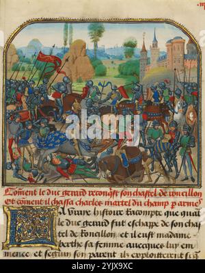 The Battle before Roussillon’s Castle, geschrieben 1463–1465; beleuchtet 1467–1472.weitere Informationen: Über einen Zeitraum von drei Jahren schrieb der Hofschreiber David Aubert ein vierbändiges Werk auf Französisch mit dem Titel Histoire de Charles Martel. Es umfasst viertausend Seiten und erzählt die Geschichte von Charles Martel (R. 719 bis 741), dem Großvater Karls des Großen. Die spätmittelalterlichen Ritter genossen zweifellos die Abenteuer solcher früheren Helden, und sie hätten sich von Karls Taten inspirieren lassen. Philipp der Gute, Herzog von Burgund, gab dieses riesige Manuskript in Auftrag. Einige Jahre nach Philips Tod, die Stockfoto