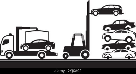 Abschleppwagen, der ein Auto zum Schrottplatz transportiert – Vektorillustration Stock Vektor