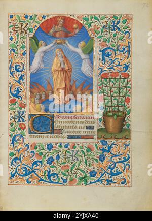 Die Krönung der Jungfrau; Katherine Hours, ca. 1480-1485. Zusätzliche Informationen: Oben auf dem bogenförmigen Rahmen bietet Gott der Vater seinen Segen vom Himmel und zeigt eine Kugel, das Symbol seiner universalen Herrschaft. Unten bezeugt eine Versammlung von Engeln, wie die Jungfrau zur Himmelskönigin gekrönt wird. Diese feierliche und freudige Miniatur der Krönung der Jungfrau, ein apokryphes Ereignis, das nach ihrem Tod stattgefunden haben soll, begleitet passend die letzten Gottesdienste der Stunden der Jungfrau, genannt Compline. Der Text beginnt mit Vers 5 von Psalm 84: Converte nos deus salutaris Stockfoto