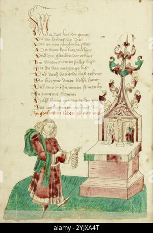 John Damaskene mit Rosenkranz vor einem Altar, 1469. Illustration aus „Barlaam und Josaphat“, einer Romantik in Versen, von Rudolf von Ems. Anhänger von Hans Schilling aus der Werkstatt von Diebold Lauber. Stockfoto