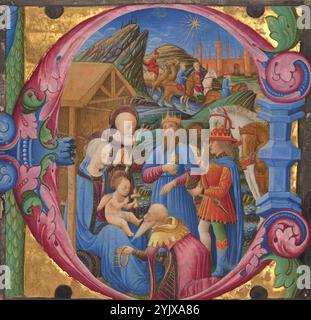Initial E: Die Anbetung der Könige, 1470er Jahre Zusätzliche Informationen: Die drei Könige kommen, um dem Kind Christus in dieser wilden, farbenfrohen Szene zu huldigen. Das Blau, Grün und Veilchen des Bodens und in den Figuren harmonieren mit den drei Farben der dekorativen Initiale. Der älteste König hat seine Krone in Anerkennung des höheren Ranges Christi abgenommen und ist dabei, seine Füße in Ehrfurcht zu küssen. Das Christkind, das seine Gabe angenommen hat, bietet dem König seinen Segen. Die Figur des jüngsten Königs (der weiteste rechts) hebt sich von der Farbgebung in seiner roten Tunika und Mütze und seinem Stack ab Stockfoto