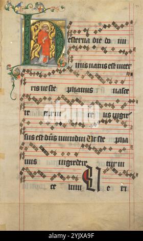 Drei Blätter eines Antiphons, etwa 1405. Zusätzliche Informationen: Diese Blätter mit Gesängen, Notation und Initialen voller Figurenszenen stammen aus einem Antiphonal, das für ein Benediktinerkloster in Böhmen (der heutigen Tschechischen Republik) hergestellt wurde. Antiphonale enthalten alle Gesänge, die von Chören von Mönchen oder Nonnen während des göttlichen Amtes gesungen werden (der Zyklus der Gebete, die zu bestimmten Stunden des Tages gesprochen werden). In den luxuriösesten Beispielen beginnt jeder Gesang in einem Antiphonalgesang mit einem großen dekorativen Buchstaben, der als Lesezeichen für die Sänger dient. Die eleganten Figuren, die die Initialen in t füllen Stockfoto