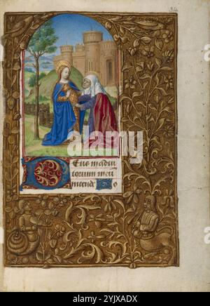 Die Visitation, ca. 1480-1490. Zusätzliche Informationen: In der Geschichte, die im Lukas-Evangelium erzählt wird, freut sich die junge Jungfrau Maria, schwanger mit dem Christkind, mit ihrer älteren Cousine Elisabeth, die trotz ihrer Unfruchtbarkeit und ihres hohen Alters auf wundersame Weise schwanger mit Johannes dem Täufer ist. Elisabeths verwittertes Gesicht und gebeugter Rücken bilden einen lebhaften Kontrast zu Marys jugendlichem Aussehen und anmutiger Haltung. Die anonyme Künstlerin betonte Marys schwangere Erkrankung, indem sie ihren aufgeblähten Bauch in die Mitte der Komposition stellte, eingerahmt von den Händen der Frauen. Die rückläufige Landschaft und der Illusionist Stockfoto