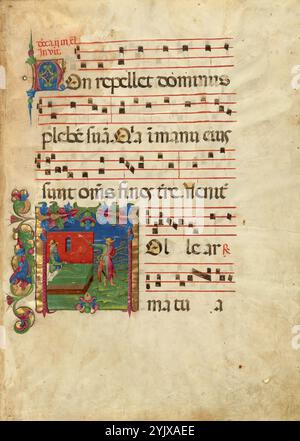 Initial T: Isaac und Esau, ca. 1455-1461. Weitere Informationen: Der alttestamentliche Patriarch Isaak weist seinen ältesten Sohn Esau auf die Jagd nach Wild. Isaak verspricht Esau seinen letzten Segen zu geben, als er mit dem Essen zurückkehrt, aber Esaus Bruder Jakob kommt zuerst, als Jäger gekleidet, und stiehlt den Segen. Die biblische Geschichte aus dem Buch Genesis, die diese Szene inspiriert hat, und der Gesang, der auf dieser Seite folgt, werden während der christlichen Bußzeit der Fastenzeit gelesen und gesungen. Die farbenfrohen Kleidungsstücke der Figuren und die zarten goldenen Akzente auf den Bäumen und Stockfoto