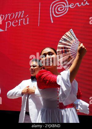 Lima, Peru. November 2024. Kreolische Frau tanzt Marinera als Teil der kulturellen Aktivitäten der APEC Peru 2024 Economic Leaders Week (AELW). Die im November 1989 gegründete asiatisch-pazifische Wirtschaftszusammenarbeit (APEC) ist ein Wirtschaftsforum, das sich aus 21 asiatisch-pazifischen Volkswirtschaften zusammensetzt und als dynamischste Region der Welt gilt. Quelle: Fotoholica Presseagentur/Alamy Live News Stockfoto