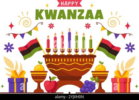 Glückliche Kwanzaa Vektor-Illustration Mit Mazao, Zawadi, Mkeka, Kinara, Geschenken, und Kerzen als traditionelle afrikanische Feiertagssymbole im Hintergrund Stock Vektor