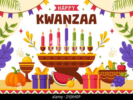 Glückliche Kwanzaa Vektor-Illustration Mit Mazao, Zawadi, Mkeka, Kinara, Geschenken, und Kerzen als traditionelle afrikanische Feiertagssymbole im Hintergrund Stock Vektor