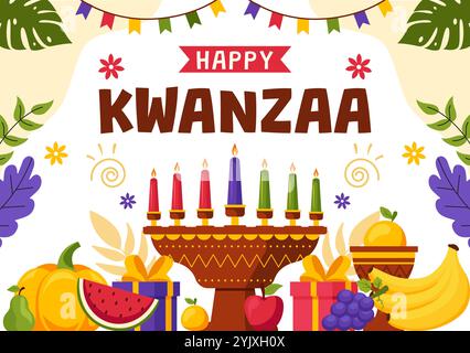 Glückliche Kwanzaa Vektor-Illustration Mit Mazao, Zawadi, Mkeka, Kinara, Geschenken, und Kerzen als traditionelle afrikanische Feiertagssymbole im Hintergrund Stock Vektor