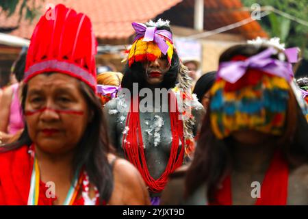 Bei einem Mädchen aus Guajajara, das vor kurzem menstruiert wurde, wurde ihr Körper während des Wyrau'haw-Rituals im indigenen Dorf Maracan„ in Rio de Janeiro mit Federn bedeckt. Unter den Ureinwohnern der Guajajara ist die Wyrau'haw-Feier ein Ritus der Weiblichkeit, der Jugendlichen Mädchen zum Zeitpunkt ihrer ersten Menstruation gewidmet ist. Das indigene Dorf Maracan„ liegt in Brasilien, neben dem berühmten Maracan-„-Fußballstadion von Rio de Janeiro, was das Land für Immobilienentwickler attraktiv macht. Eine Gruppe indigener Aktivisten, die sich 2006 dort niedergelassen haben, kämpft für den Erhalt und die Verteidigung dieses Territoriums. O Stockfoto