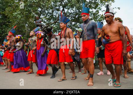 Die Guajajara tanzen traditionelle Tänze während des Wyrau'haw-Rituals im indigenen Dorf Maracan„ in Rio de Janeiro. Unter den Ureinwohnern der Guajajara ist die Wyrau'haw-Feier ein Ritus der Weiblichkeit, der Jugendlichen Mädchen zum Zeitpunkt ihrer ersten Menstruation gewidmet ist. Das indigene Dorf Maracan„ liegt in Brasilien, neben dem berühmten Maracan-„-Fußballstadion von Rio de Janeiro, was das Land für Immobilienentwickler attraktiv macht. Eine Gruppe indigener Aktivisten, die sich 2006 dort niedergelassen haben, kämpft für den Erhalt und die Verteidigung dieses Territoriums. Auf dem Asphalt, zwischen den Gebäuden, t Stockfoto