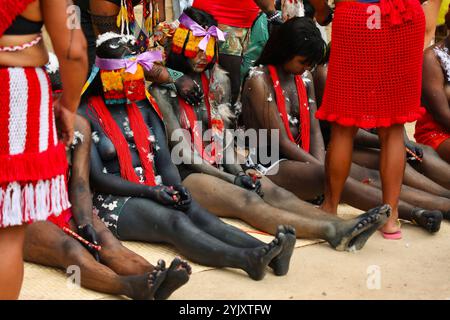 Während des Wyrau'haw-Rituals im Dorf Maracan„ in Rio de Janeiro haben die Mädchen, die kürzlich menstruiert wurden, ihre Körper mit Federn bedeckt. Unter den Ureinwohnern der Guajajara ist die Wyrau'haw-Feier ein Ritus der Weiblichkeit, der Jugendlichen Mädchen zum Zeitpunkt ihrer ersten Menstruation gewidmet ist. Das indigene Dorf Maracan„ liegt in Brasilien, neben dem berühmten Maracan-„-Fußballstadion von Rio de Janeiro, was das Land für Immobilienentwickler attraktiv macht. Eine Gruppe indigener Aktivisten, die sich 2006 dort niedergelassen haben, kämpft dafür, dieses Territorium zu verteidigen Stockfoto