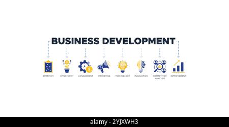 Business Development Banner Web-Symbol-Vektor-Illustration Konzept mit Symbol für Strategie, Investition, Management, Marketing, Technologie Stock Vektor