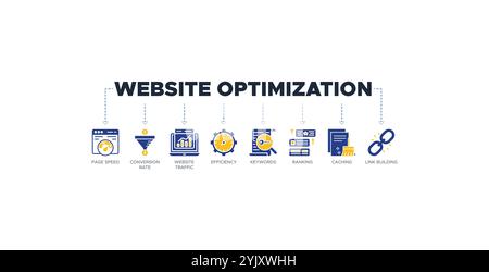 Website-Optimierungsbanner Web-Symbol-Vektor-Illustration Konzept mit Symbol für Seitengeschwindigkeit, Konversionsrate, Website-Traffic, Effizienz, Schlüsselwörter, Rang Stock Vektor