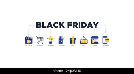 Black friday Banner Web Icon Vektor Illustration Konzept mit Symbol des Kalenders, Einkaufen, Rabatt, Coupon, Geschenk, Verkauf, Geschäft, Zahlung Stock Vektor