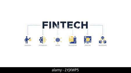 FinTech Banner Web Symbol Vektor Illustration Konzept mit Symbol für Finanzen, Technologie, Digital, Buchhaltung, Analyse, und Blockchain Stock Vektor