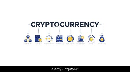 Kryptowährung Banner Website Icons Vektor Illustration Konzept von mit Icons der Blockchain, Ledger, Dezentralisierung, Kryptographie, digitales Geld Stock Vektor