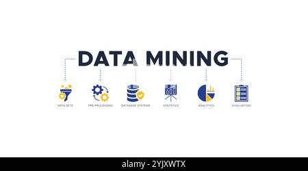 Data Mining Banner Website Symbol Vektor Illustration Konzept mit Symbol für Datensätze, Vorverarbeitung, Datenbanksysteme, Statistiken, Analysen Stock Vektor