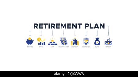 Ruhestandsplan Banner Website Icons Vektor Illustration Konzept mit den Icons des Sparens, Aktien, Gold, Geldmarkt, Eigentum, Versicherung, Fonds Stock Vektor