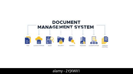 Dokumentenverwaltungssystem Banner Website-Symbol-Vektor-Illustration Konzept mit Symbol für Datei, Cloud-Speicher, Audit, Sicherheit, Suche, Indizierung Stock Vektor
