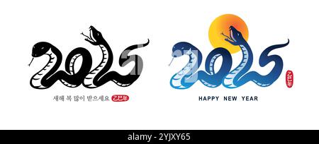 Koreanisches Neujahr, Kombination aus Zahlen 2025 und blauer Schlange, Emblem im Kalligrafie-Stil mit Pinsel gezeichnet. Übersetzung: „Happy New Year“ Stock Vektor