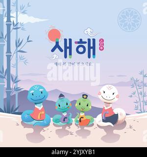 Koreanisches Neujahr. Eine Schlangenfamilie mit Hanbok begrüßt das neue Jahr. Übersetzung: "Happy New Year, the Year of the Blue Snake." Stock Vektor