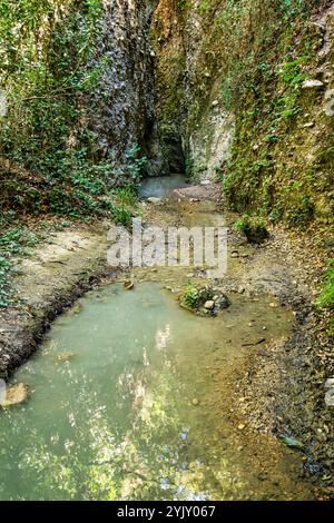 Ein schmaler, ruhiger Bach schlängelt sich durch steile, felsige Wände in der Peristerias-Schlucht, Griechenland, umgeben von natürlicher Vegetation und rauem Gelände. Stockfoto