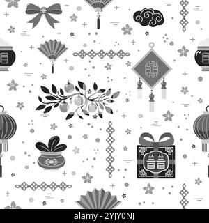 Vektor nahtlose Muster Feiertag Happy New Year Chinesische Laterne Topf mit nationalen Lebensmittel Fan Zimmerpflanze Geschenk Tangerine Illustration traditionelle asiatische Sym Stock Vektor