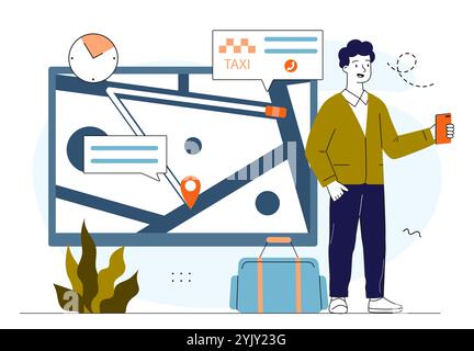 Man ruft das Taxi online an. Junger Mann mit Smartphone in der Nähe des Stadtplans. Fahrzeugbestellung im Internet. Städtische Infrastruktur. Person mit Carsharing. Linearer Vect Stock Vektor