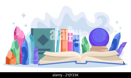 Zauberbücher mit Kristallen. Schreibbücher mit Kristallkugel. Fantasie und Fantasie. Zauberei und Hexerei, Märchen. Symbol von Halloween. Flach Stock Vektor