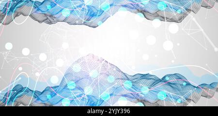 Abstrakte Rahmenwelle mit farbigen Flecken und gekrümmten Linien. Plexus-Effekt. Handgezeichneter Vektor. Stock Vektor