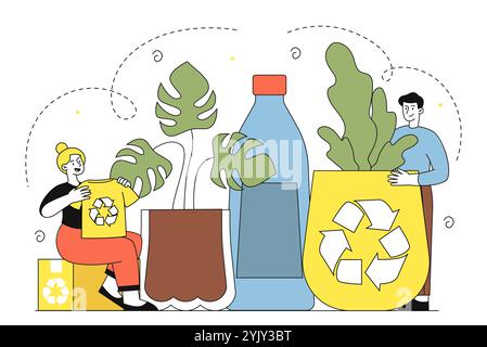 Menschen mit recycelten Waren. Frau mit T-Shirt und Mann mit Topf aus recycelten Materialien. Umwelt- und Umweltschutz. Abfallvermeidung Stock Vektor