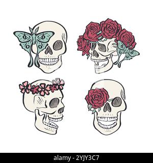 Hand gezeichnete Umrisse blumiger menschlicher Schädel mit Rosenkranzbündel isoliert auf weißem Hintergrund Stock Vektor