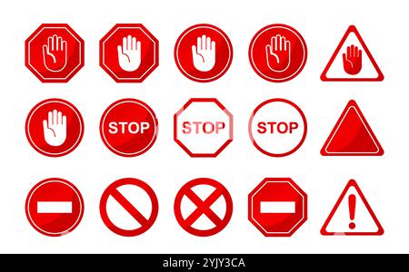 Satz von Stoppschildern. Verbot von Straßenschildern und Verkehrsschildern. Informationen für Fahrer. Sicherheit auf Straßen und Autobahnen. Vorsicht und Achtung. Flacher Vektor Stock Vektor