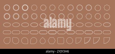 Starburst Preis. Satz von Zigzag-Kantenkreisformen. Abgewickelte Konstruktionselemente. Weiße Aufkleber auf beigefarbenem Hintergrund umreißen. Vektorillustration im Boho-Stil Stock Vektor