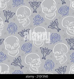 Nahtloses Muster mit handgezeichneten blauen Blumenschädeln, umgeben von luna Motten und Rosen Stock Vektor