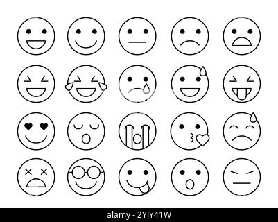 Set von linearen Emojis. Verschiedene Emoticons mit unterschiedlichen Emotionen und Gefühlen. Depression, Glück, Müdigkeit, Schock und Angst. Modellvektorsammlung Stock Vektor