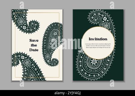 Zwei Grußkarten-Vorlagen mit schwarz-weißen Paisley-Motiven Stock Vektor