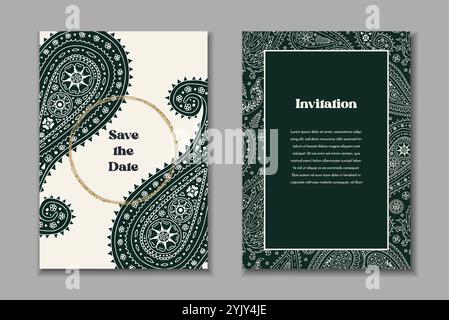 Zwei Grußkarten-Vorlagen mit schwarz-weißen Paisley-Motiven Stock Vektor