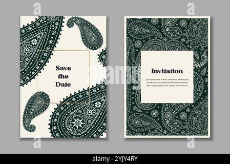 Zwei Grußkarten-Vorlagen mit schwarz-weißen Paisley-Motiven Stock Vektor