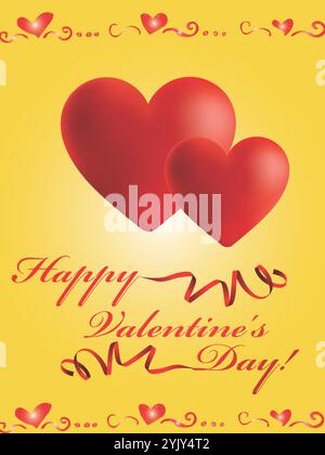 Gelber Hintergrund mit zwei roten Herzen und den Worten Happy Valentine's Day. Die Herzen befinden sich in der Bildmitte und die Wörter befinden sich auf der rechten Seite Stock Vektor