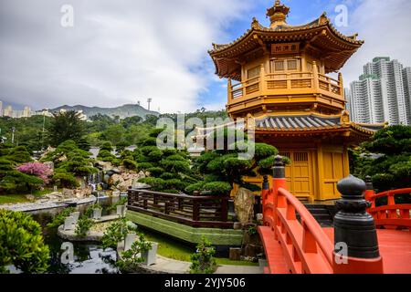 Rote Holzbrücke führt zur goldenen Pagode im Nan Lian Garden, Hongkong Stockfoto