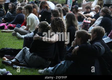 Sydney, Australien. November 2024. Das National Rally Collective, eine Frauenrechtsorganisation, veranstaltete am 16. November von 18:30 Uhr landesweit Proteste in großen städtischen Zentren, um das Bewusstsein für häusliche Gewalt gegen Frauen zu schärfen. In Sydney versammelten sich Demonstranten im Hyde Park. Die Redner sprechen die versammelten an. Blumen wurden auf die Anzahl der Frauen gesetzt, die wegen häuslicher Gewalt getötet wurden, und Nachrichten wurden auf ein Banner geschrieben. Richard Milnes/Alamy Live News Stockfoto