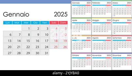 Kalender 2025 auf italienischer Sprache, Wochenbeginn Montag. Layout mit hervorgehobenen Wochenenden Stock Vektor