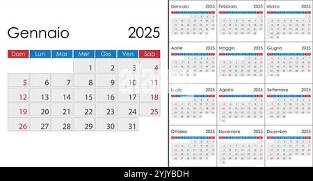 Kalender 2025 auf italienischer Sprache, Wochenbeginn Sonntag. Layout mit hervorgehobenen Wochenenden Stock Vektor