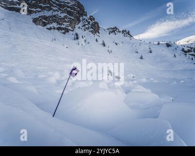 Eine Schneeschuhpfahne markiert einen ausgewiesenen Pfad durch tiefen Schnee auf einem alpinen Hang, der Winterwanderer durch die zerklüftete Berglandschaft führt. Stockfoto