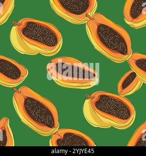 Nahtloses Papaya-Muster. Farbenfroher Hintergrund. Lebensmitteldruck ideal zum Bedrucken von Stoffen, Geschenkpapier und Tapeten Stock Vektor